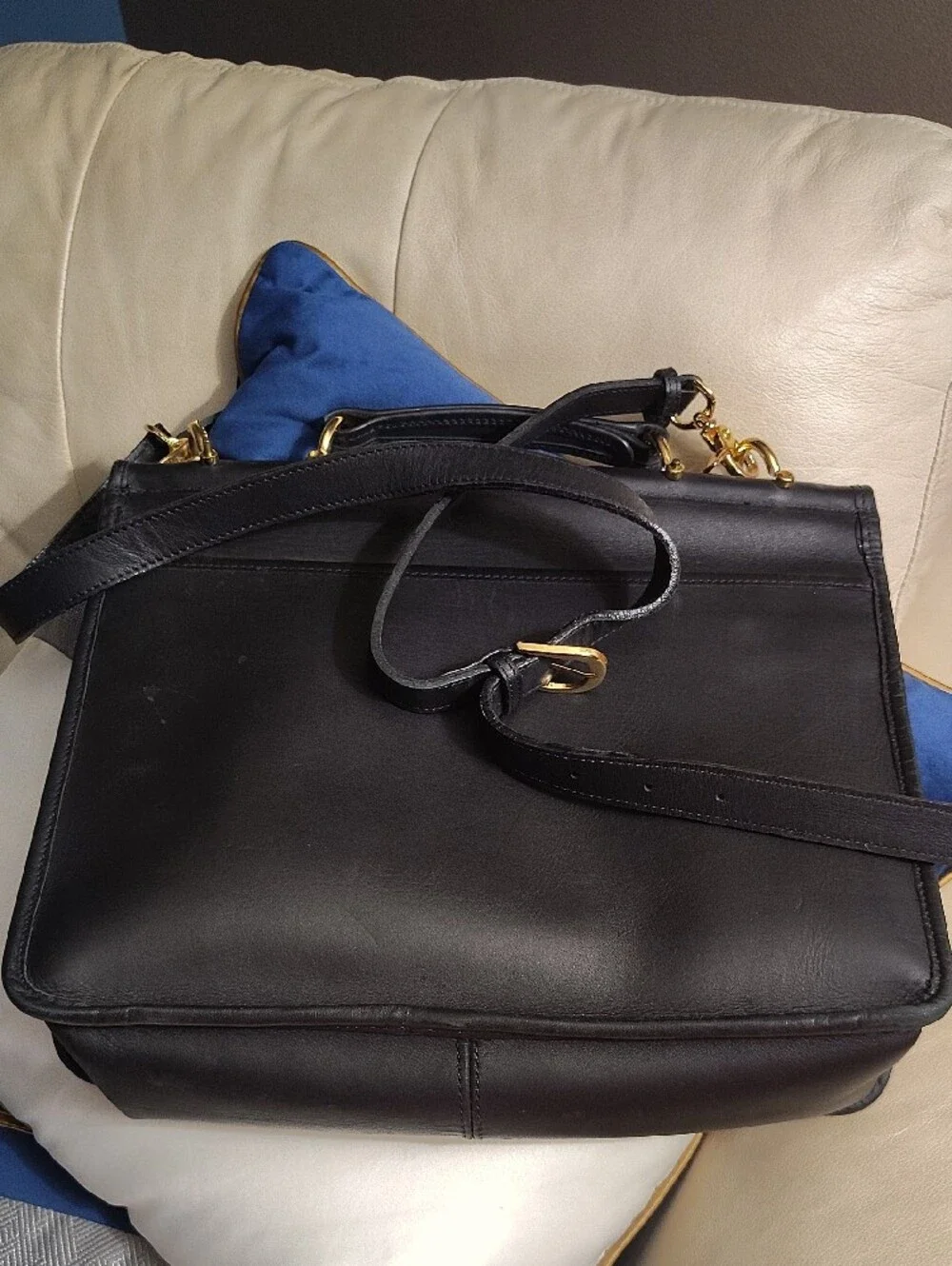 Black Leather Unisex Briefcase with Gold-Tone Hardware